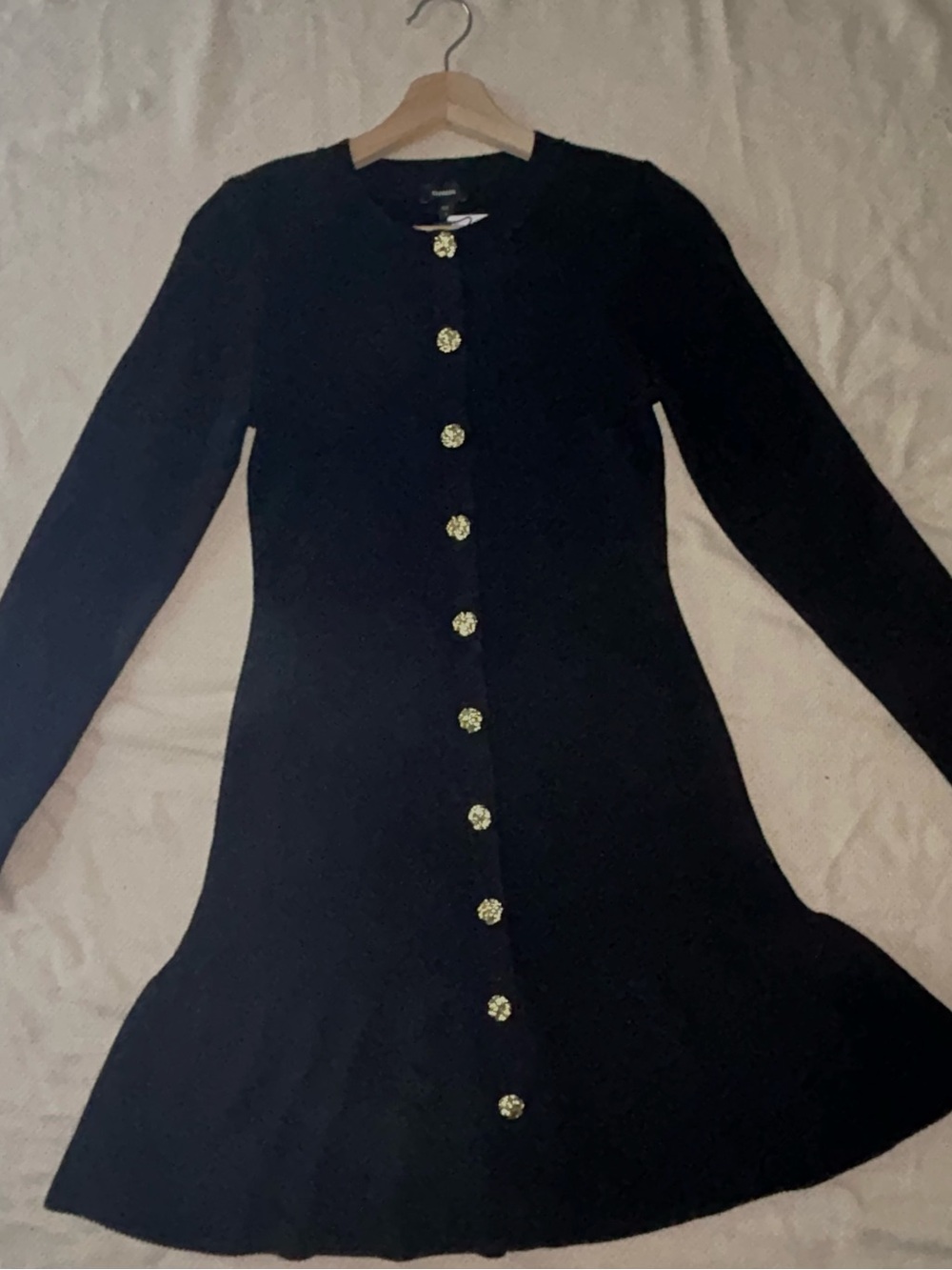 Express Black Long-Sleeve Button-Front Knit Dress with Gold Buttons